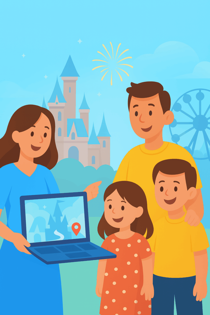 Shows a family at disney with a laptop and planning a trip